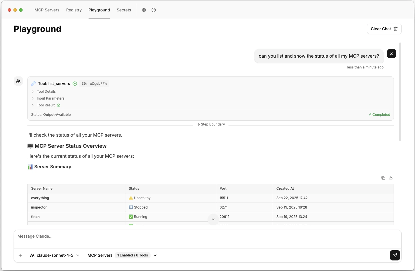 ToolHive playground showing AI response with MCP tool execution results